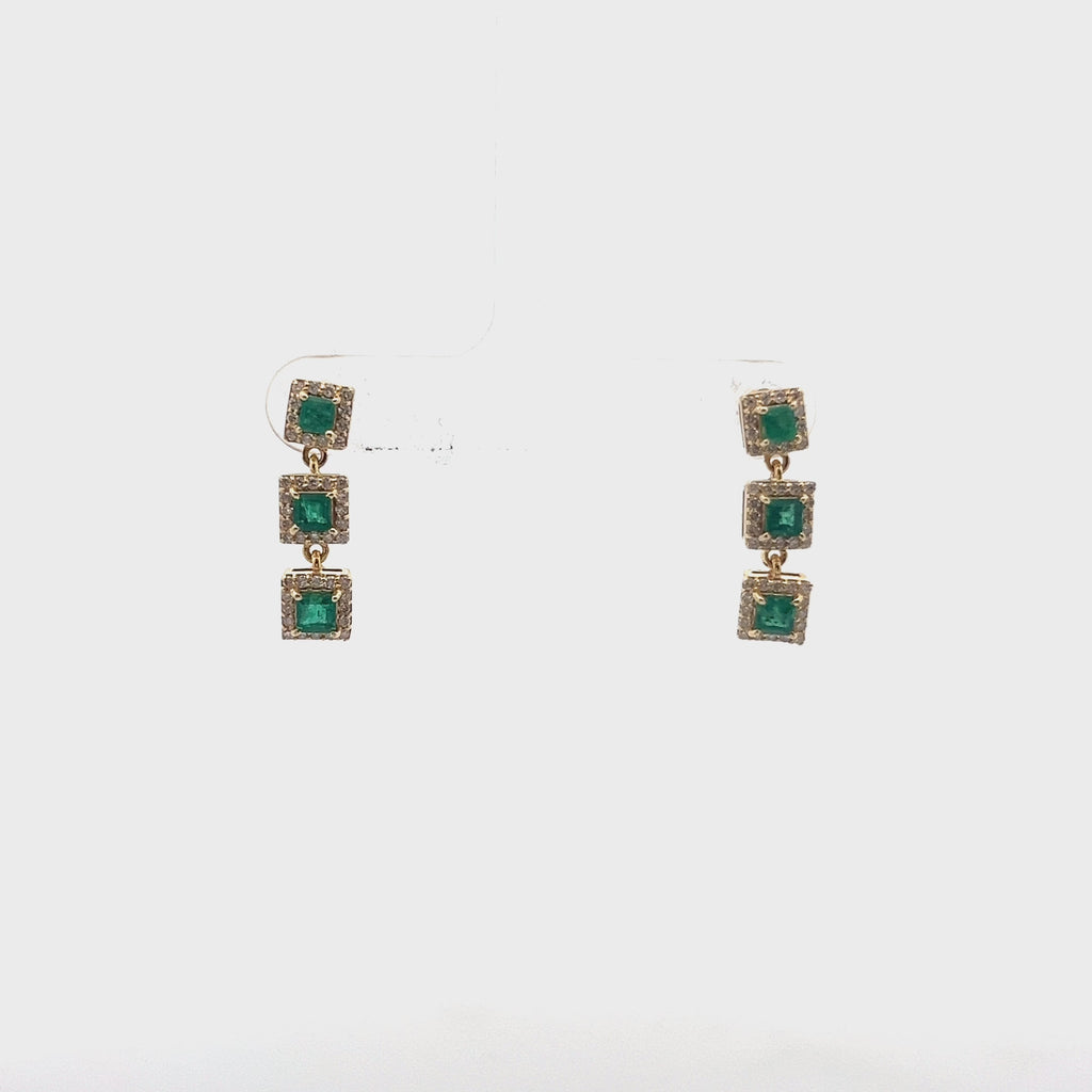 Emerald Princess Cut With Diamond Halo Drop Earrings (1.45 ct.) in 14K Gold