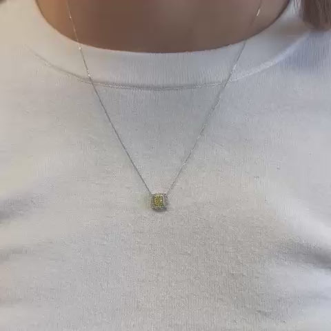 Yellow Diamond Double Halo Cushion Cut Necklace (0.30 ct.) in 14K Gold