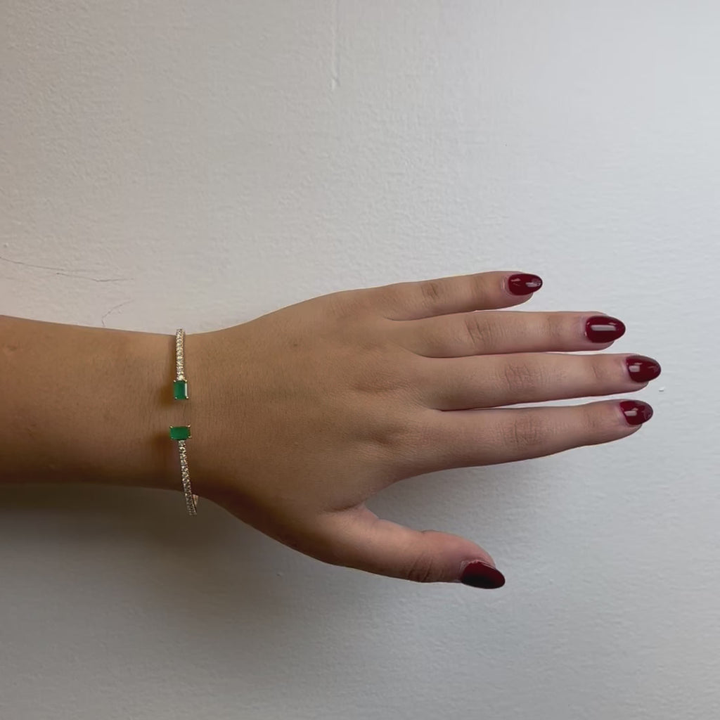 Flexible Open Diamond & Emerald Cut Emerald Bangle Bracelet  (2.30 ct.) in 14K Gold