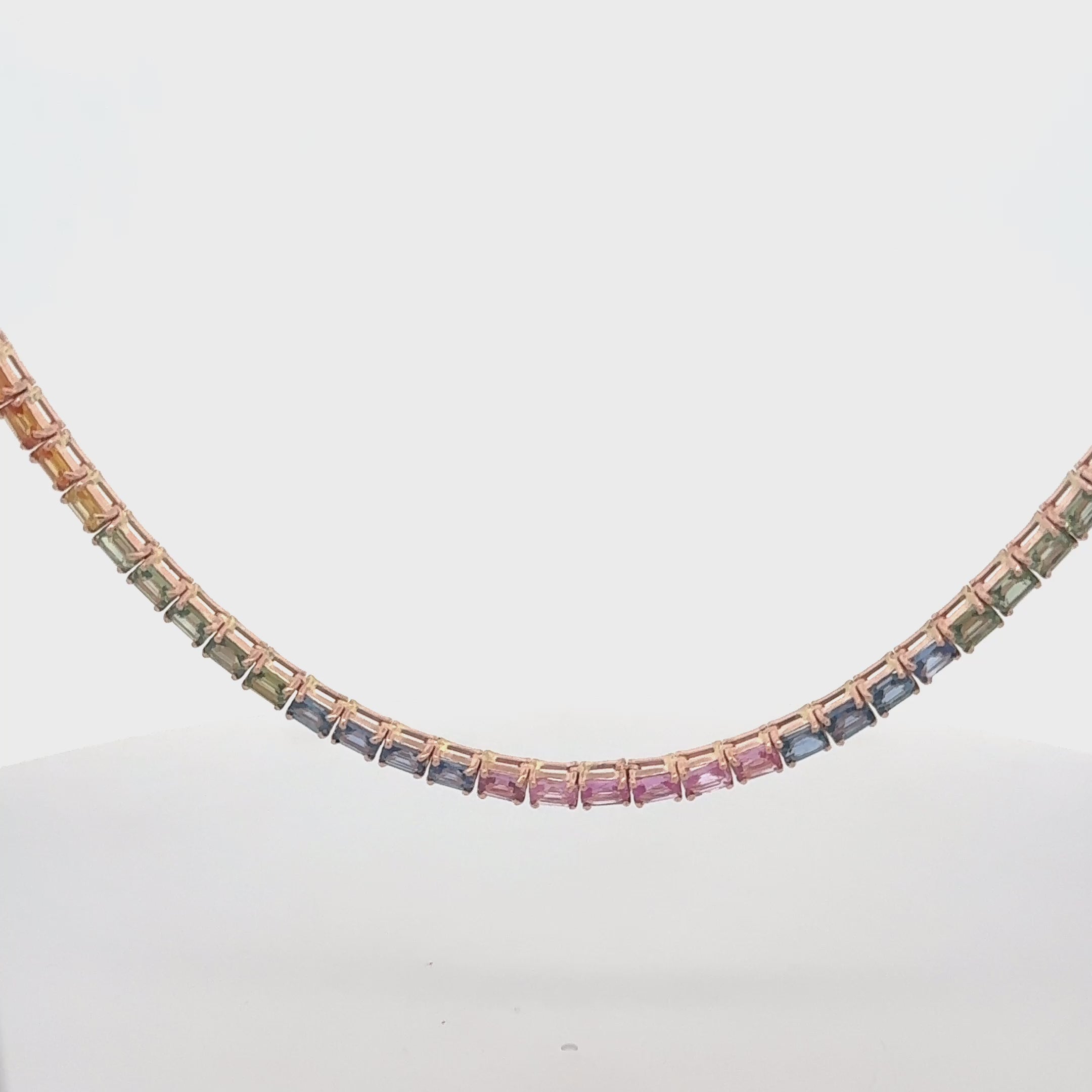 East West Rainbow Multi Color Sapphire Emerald Cut Tennis Necklace (25.00 ct.) 4-Prongs Setting in 14K Gold