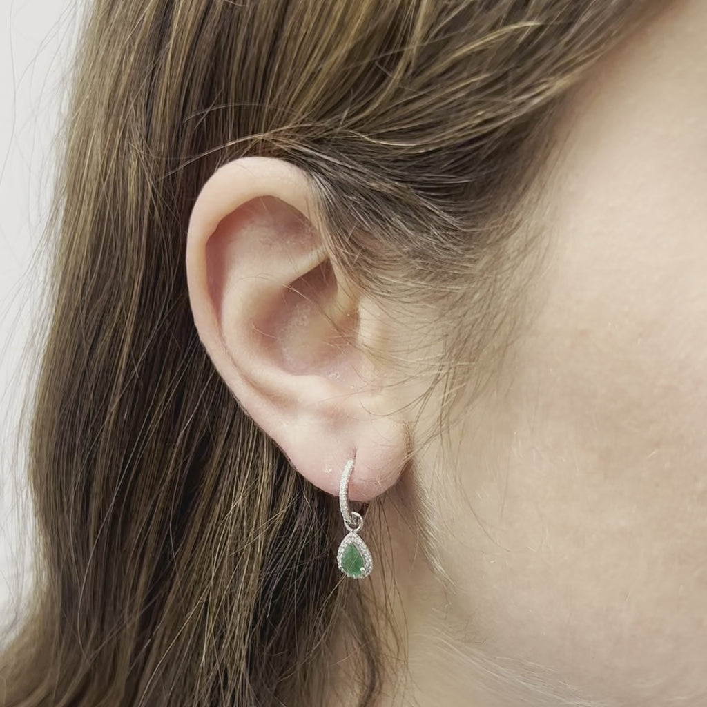 Diamond Hoop & Dangle Emerald Pear Shape With Diamond Halo Earrings (1.06 ct.) in 14K Gold