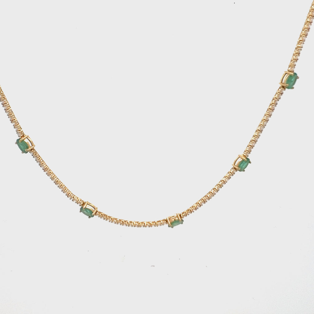Diamond Tennis Necklace with Alternate Oval Cut Emeralds (6.50 ct.) 4-Prongs Setting in 14K Gold