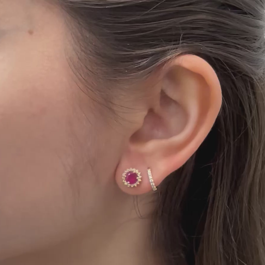 Pink Sapphire Round Shape Halo Diamonds Studs Earrings (1.30 ct.) in 14K Gold