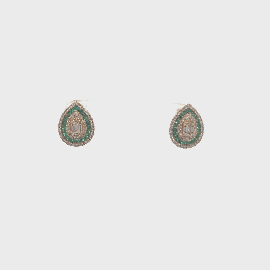 Triple Halo Diamonds & Emeralds Pear Shape Studs Earrings (1.00 ct.)  in 14K Gold
