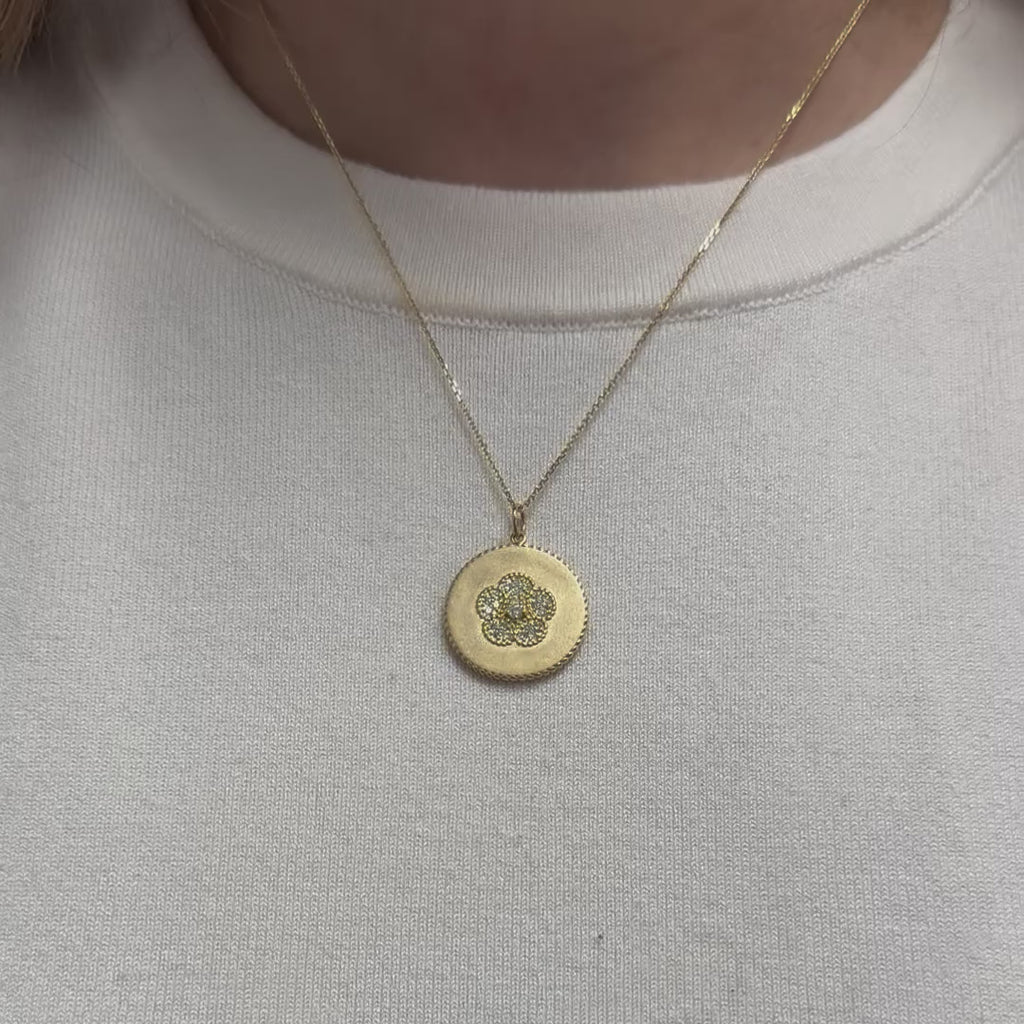 Diamond Medallion Flower Coin Pendant Necklace (0.30 ct.) in 14K Gold