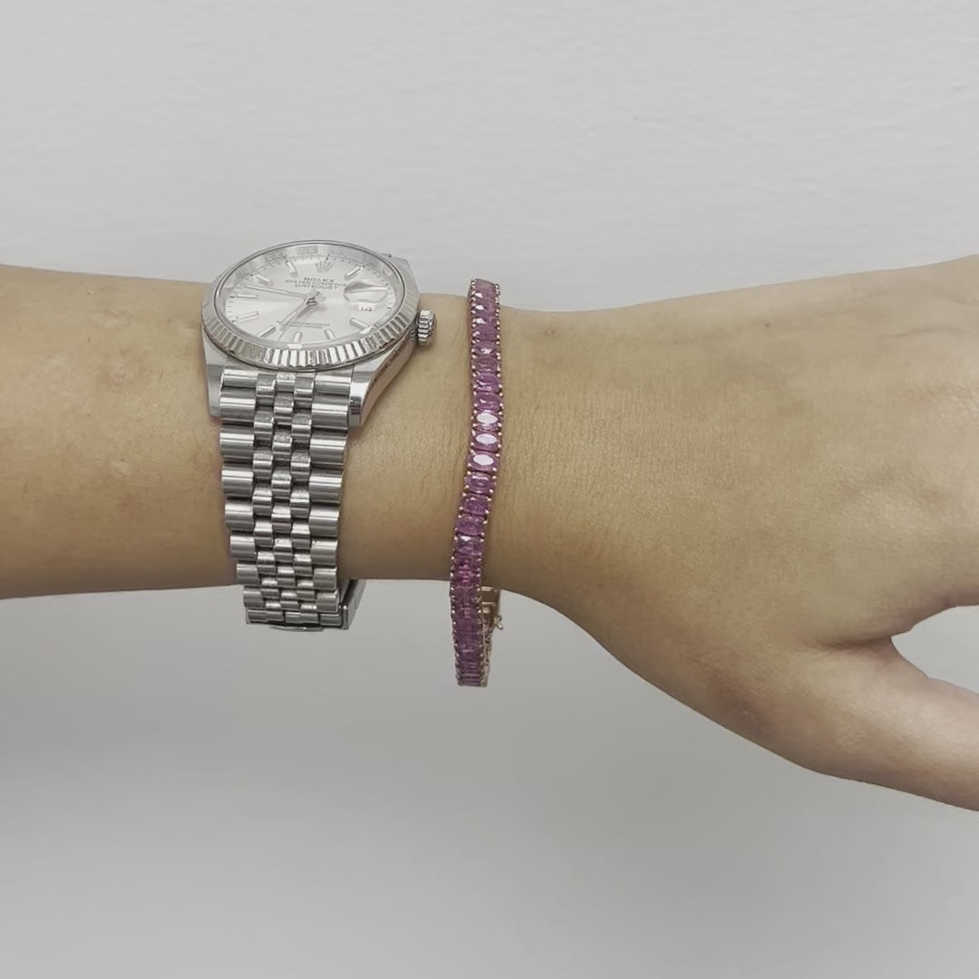 Oval Shape Pink Sapphire Tennis Bracelet (23.00 ct.) 4-Prongs Setting in 14K Gold