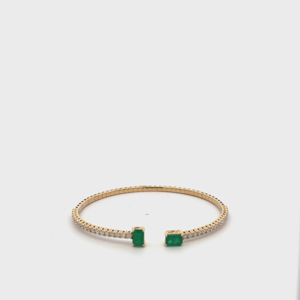 Flexible Open Diamond & Emerald Cut Emerald Bangle Bracelet  (2.30 ct.) in 14K Gold
