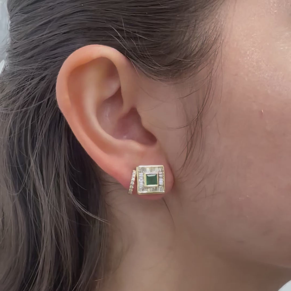 Princess Cut Emerald with Baguette Diamond Halo Studs Earrings (3.10 ct.) in 14K Gold