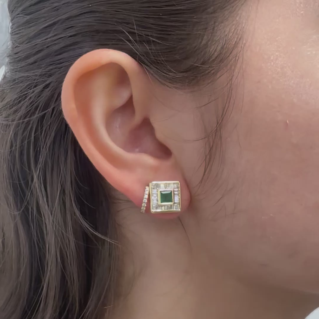 Princess Cut Emerald with Baguette Diamond Halo Studs Earrings (3.10 ct.) in 14K Gold