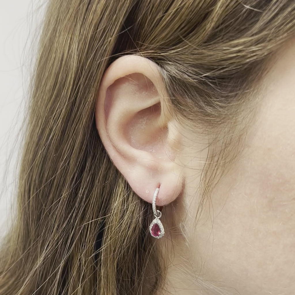 Diamond Hoop & Dangle Red Ruby Pear Shape With Diamond Halo Earrings (1.69 ct.) in 14K Gold