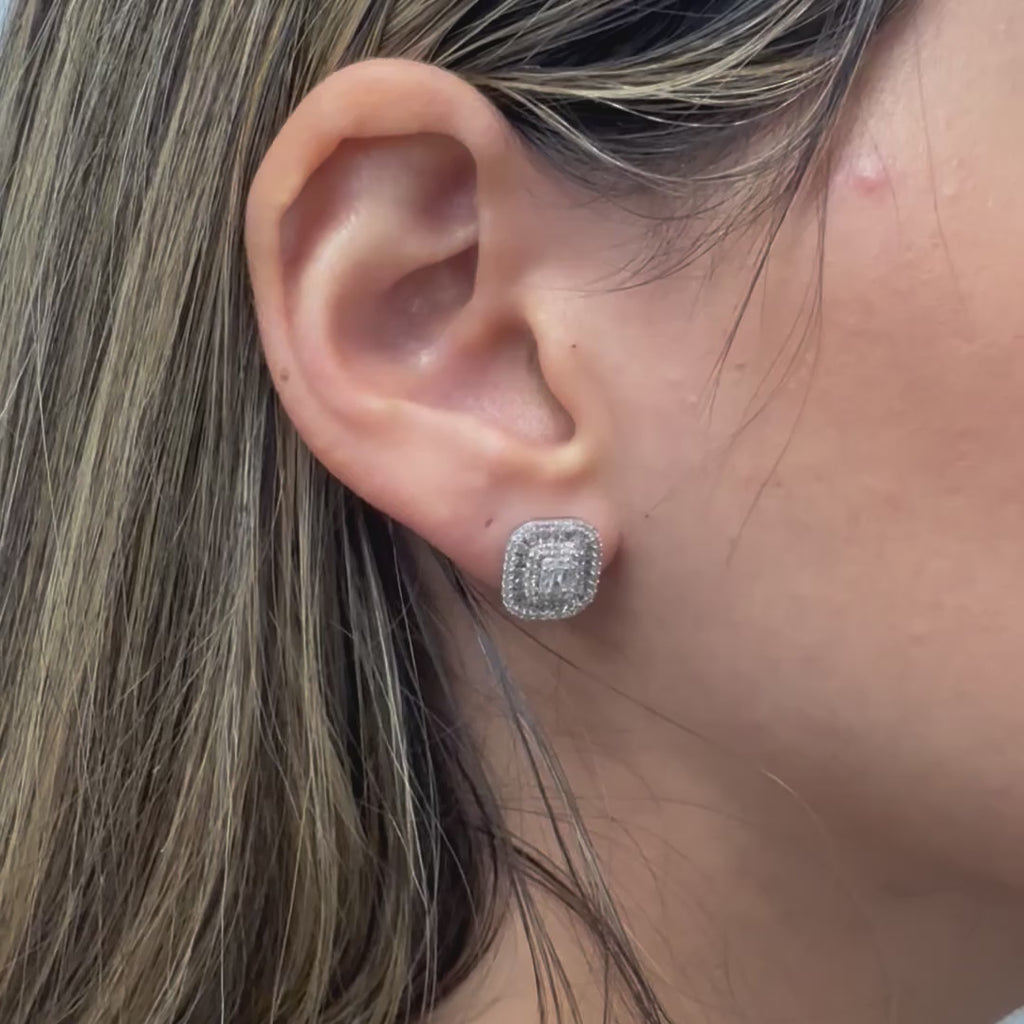 Triple Halo Diamond Rectangular Shape Studs Earrings (1.00 ct.) in 14K Gold