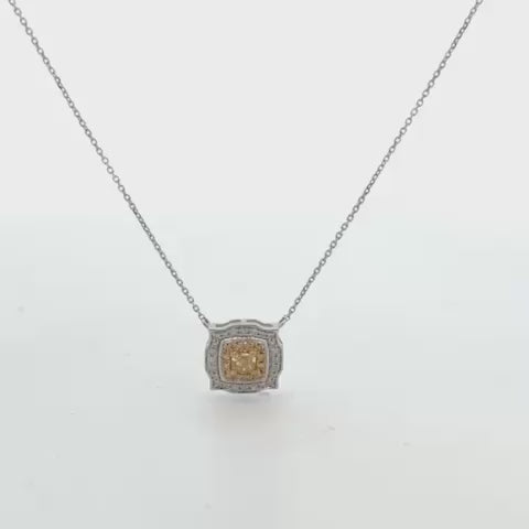 Yellow Diamond Double Halo Cushion Cut Necklace (0.30 ct.) in 14K Gold