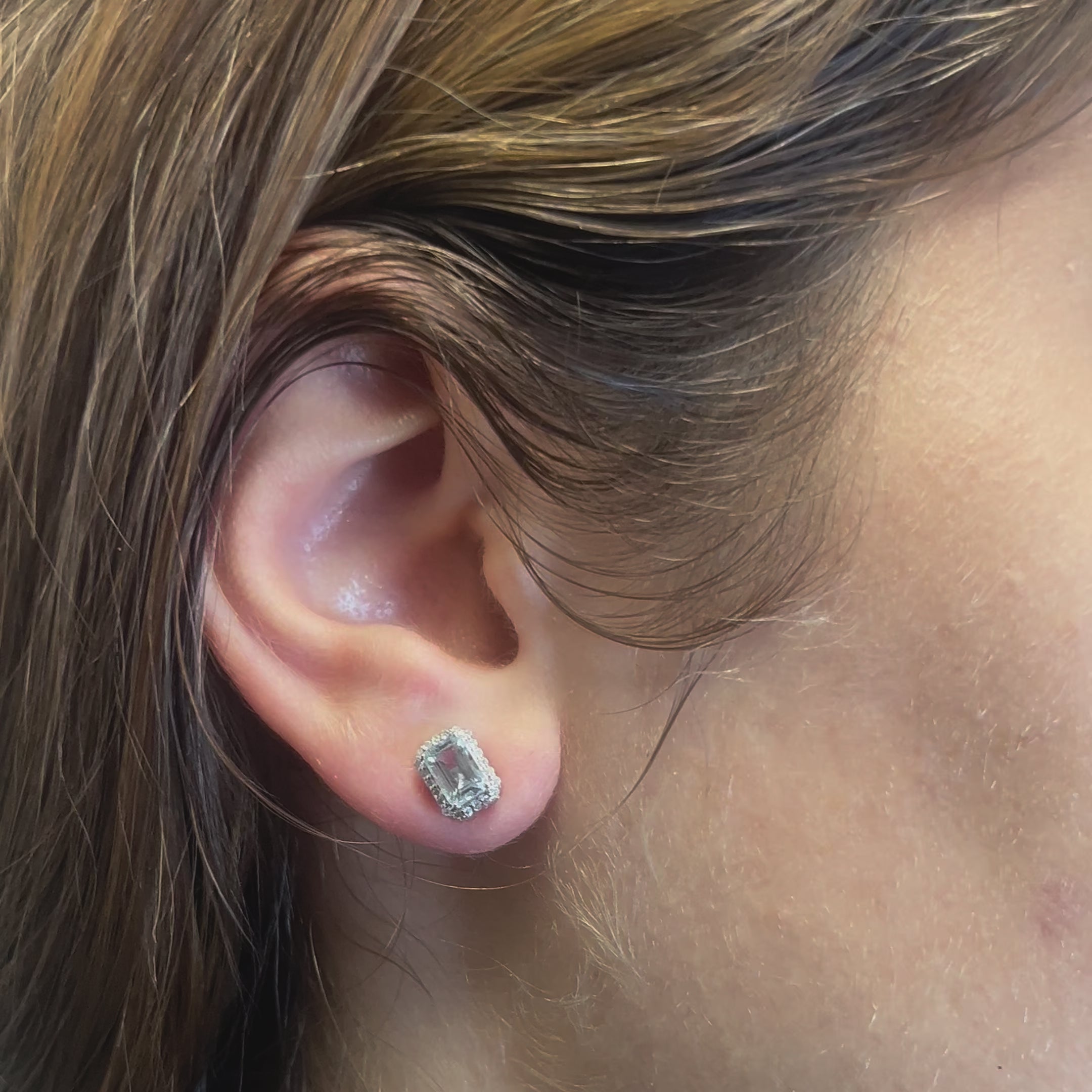 Emerald Cut Aquamarine with Diamond Halo Earrings (1.14 ct.) in 14K Gold