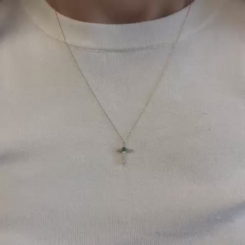 Diamonds and Emerald Cross Necklace (0.45 ct.) in 14K Gold