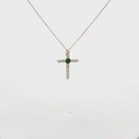 Diamonds and Emerald Cross Necklace (0.45 ct.) in 14K Gold