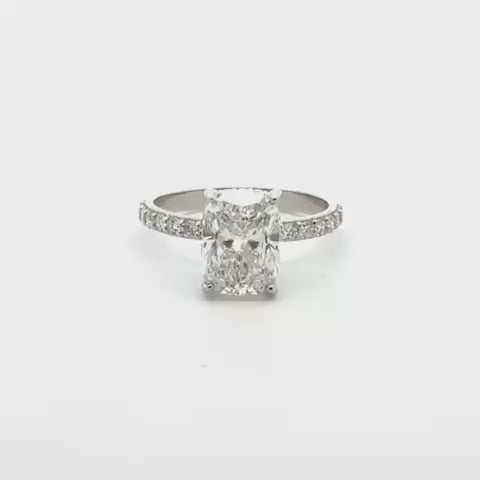 Lab Grown Diamond (3.50 ct.) Cushion Cut Hidden Halo Pave' Band Engagement Ring in 14K Gold