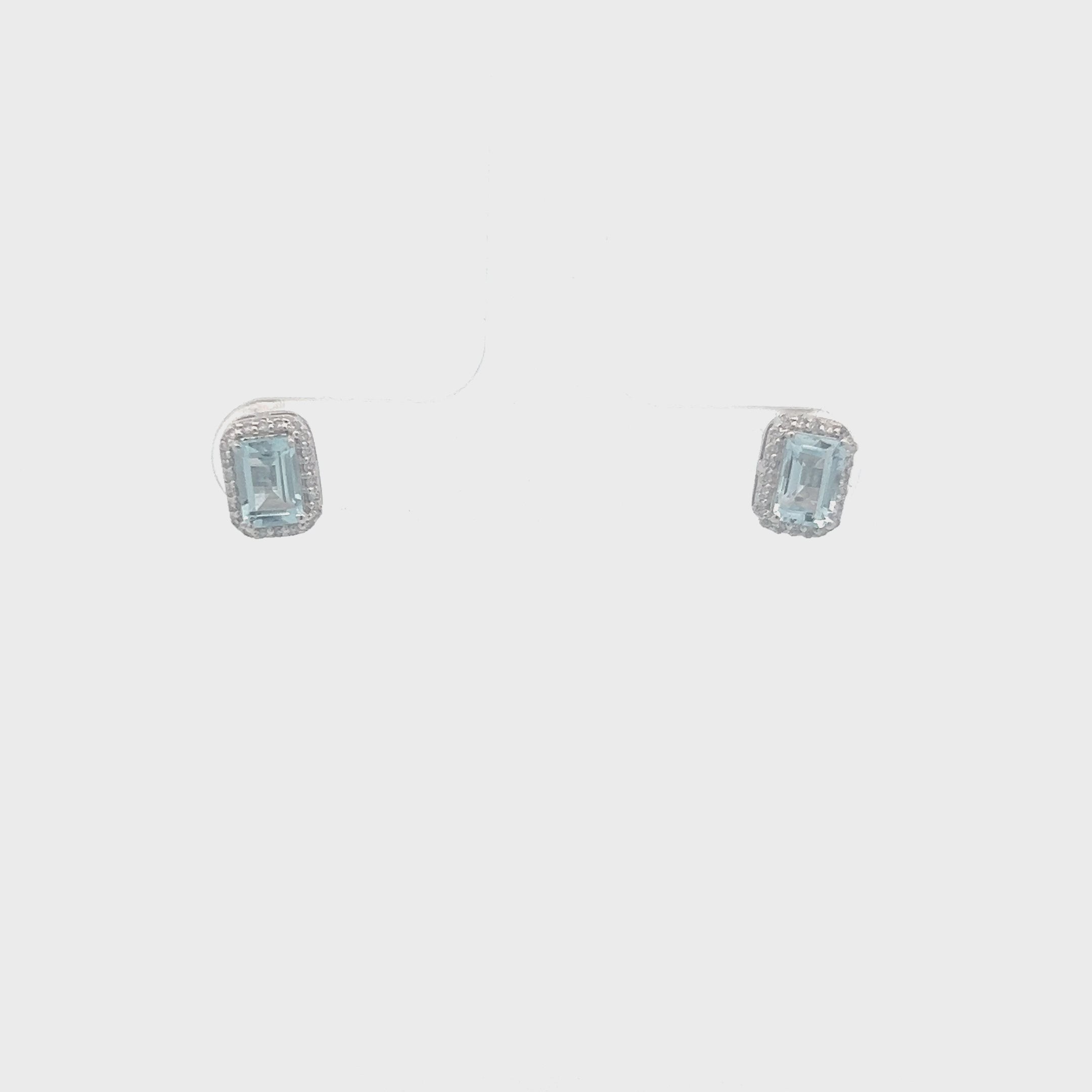 Emerald Cut Aquamarine with Diamond Halo Earrings (1.14 ct.) in 14K Gold