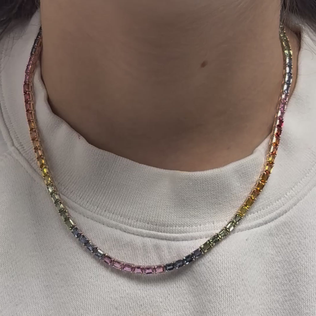 East West Rainbow Multi Color Sapphire Emerald Cut Tennis Necklace (25.00 ct.) 4-Prongs Setting in 14K Gold