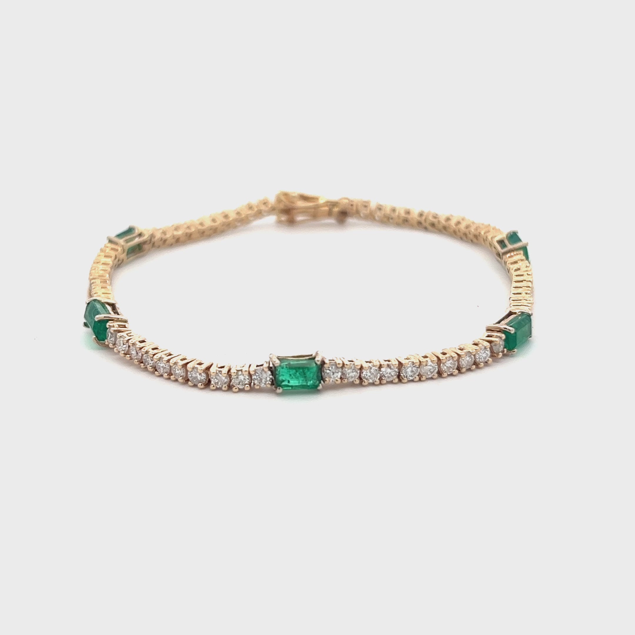 Alternate Diamond & Elongated Emerald Cut Emerald Tennis Bracelet (4.95 ct.) 4-Prongs Setting in 14K Gold