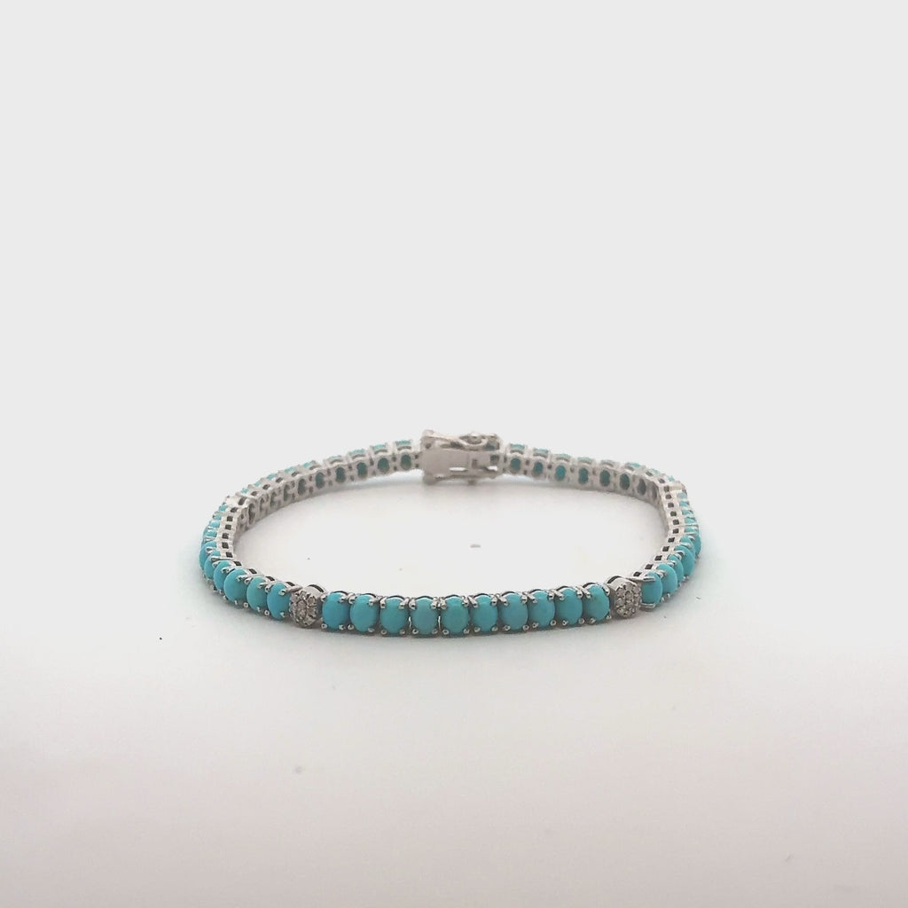 Diamond & Oval Turquoise Tennis Bracelet ( 8.20 ct.) 4-Prongs Setting in 14K Gold