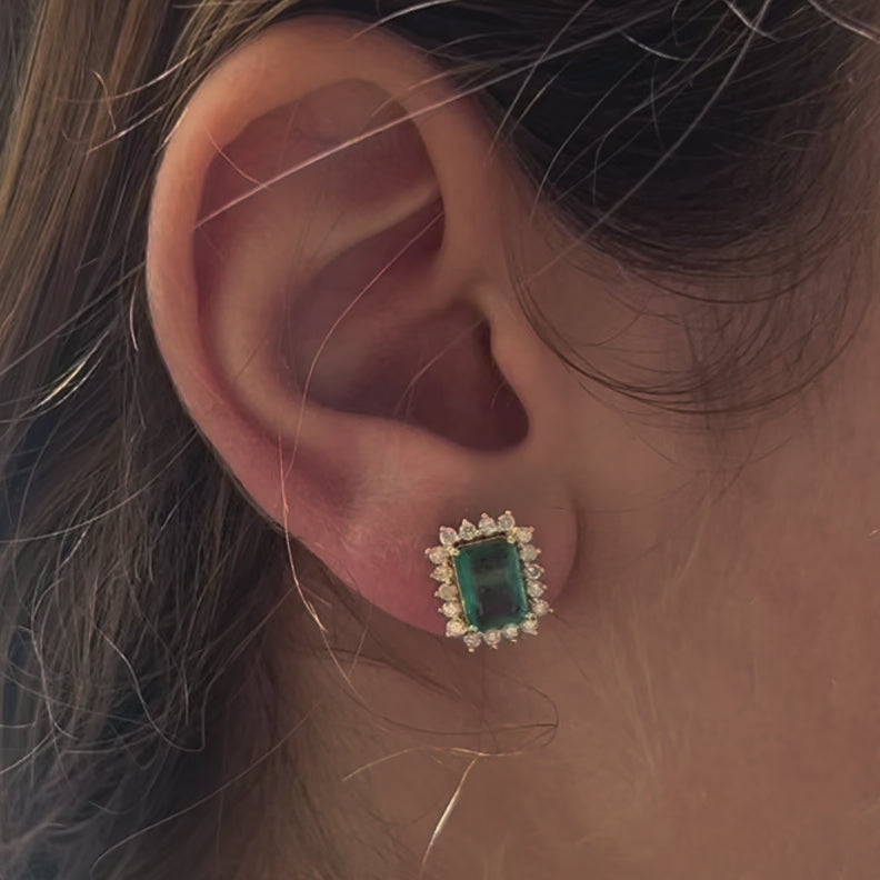 Emerald Cut Emerald With Diamond Halo Earrings (4.50 ct.) in 14K Gold