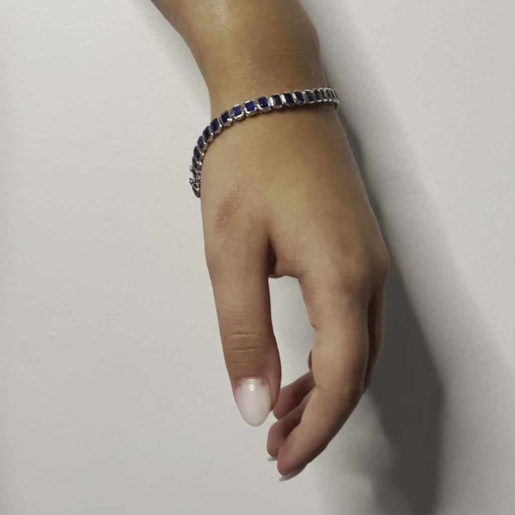 Emerald Cut Blue Sapphires Tennis Bracelet (13.00 ct.) Bezel Setting in 14K Gold