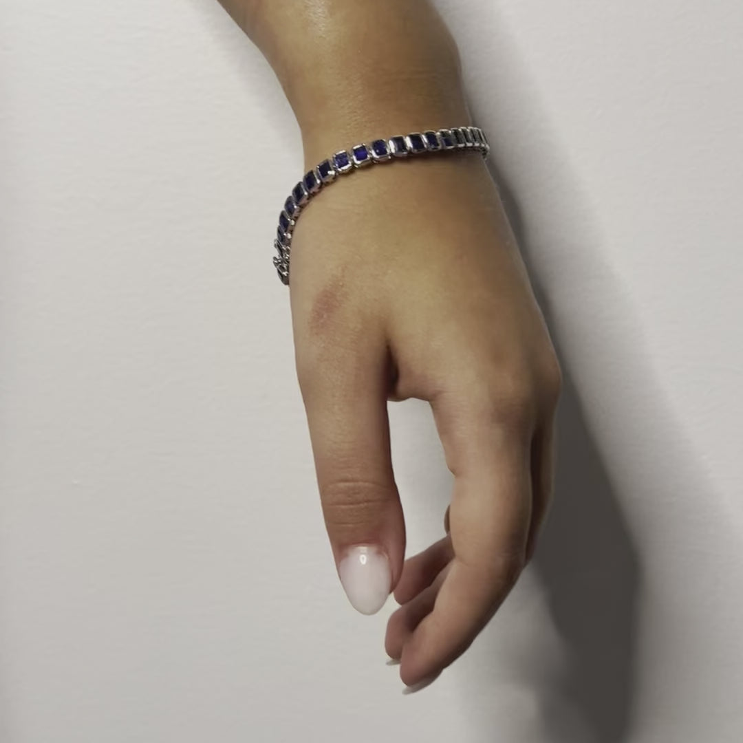 Emerald Cut Blue Sapphires Tennis Bracelet (13.00 ct.) Bezel Setting in 14K Gold