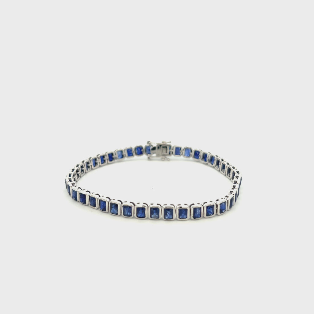 Emerald Cut Blue Sapphires Tennis Bracelet (13.00 ct.) Bezel Setting in 14K Gold