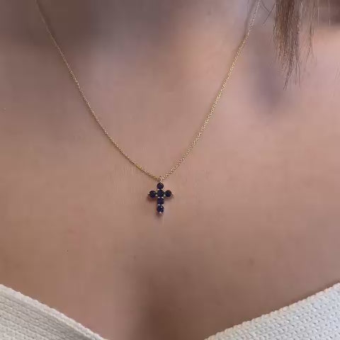 Sapphire Cross Necklace (0.95 ct.) in 14K Gold