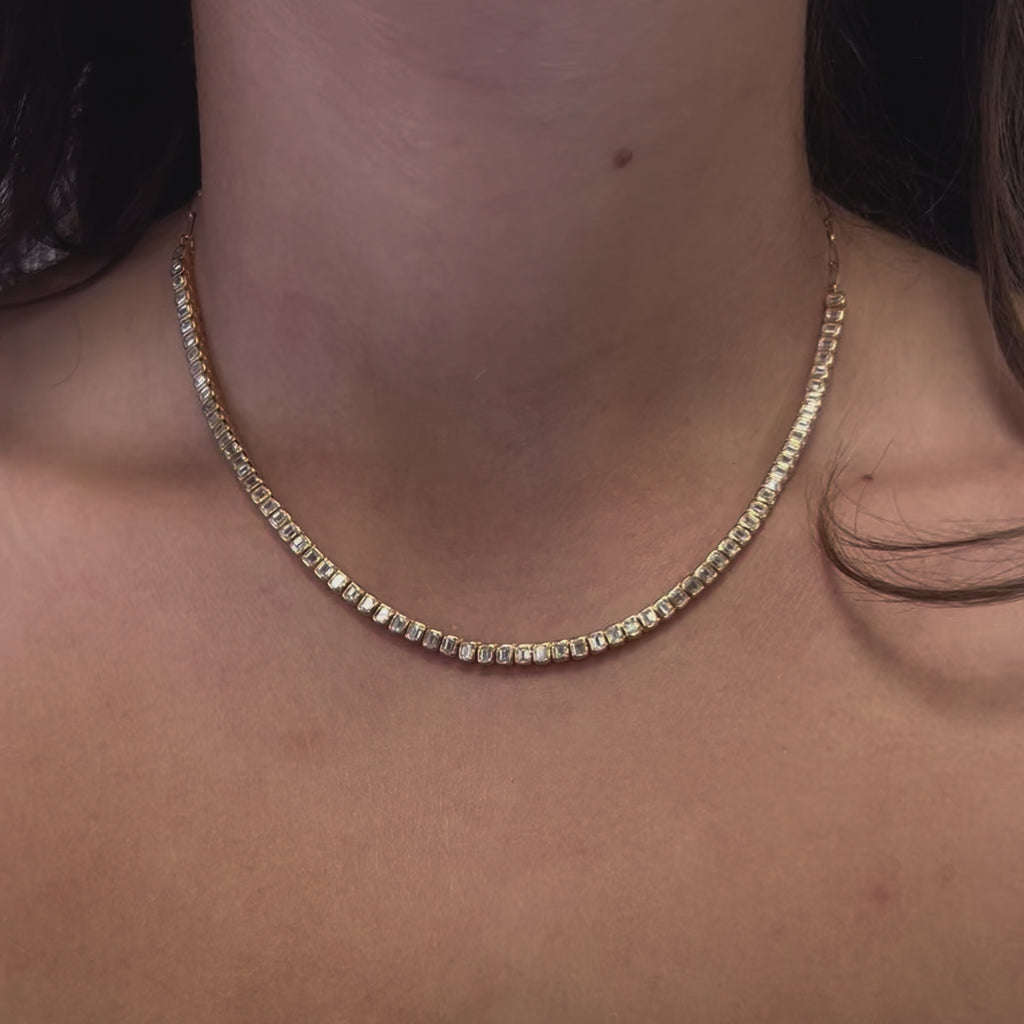 Half Way Emerald Cut Diamond Tennis Necklace & Half Paperclip Chain (4.00 ct.) Bezel Set in 18K Gold