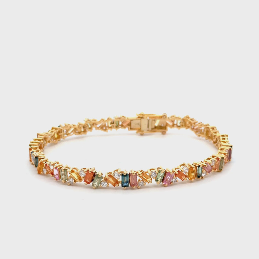 Multi Shape Rainbow Multi Color Sapphire and Diamond Tennis Bracelet (8.15 ct.) in 14K Gold