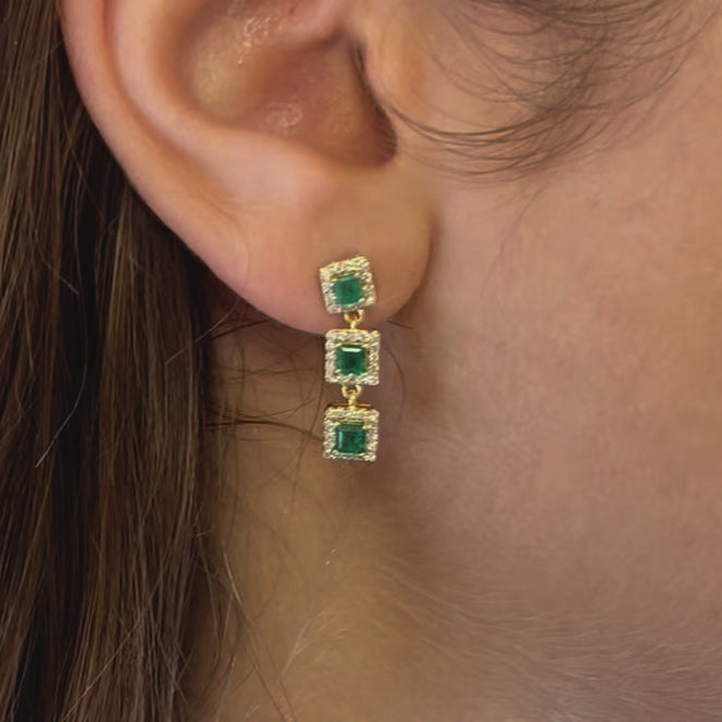 Emerald Princess Cut With Diamond Halo Drop Earrings (1.45 ct.) in 14K Gold