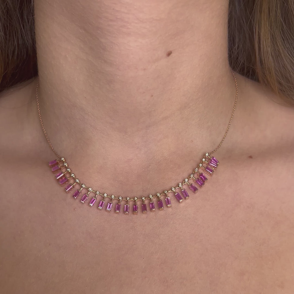 Diamond & Dangling Emerald Cut Pink Sapphire Choker Necklace (4.75 ct.) in 14K Gold