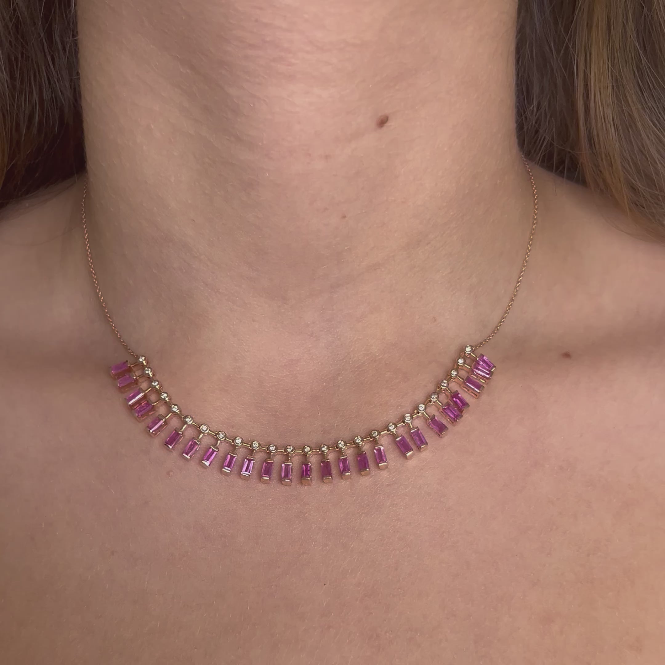 Diamond & Dangling Emerald Cut Pink Sapphire Choker Necklace (4.75 ct.) in 14K Gold
