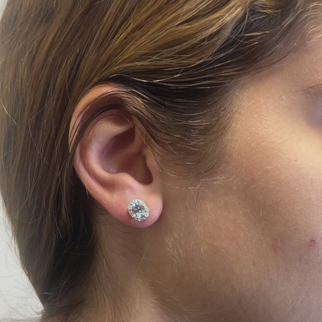 Oval Cut Aquamarine with Diamond Halo Earrings (1.80 ct.) in 14K Gold