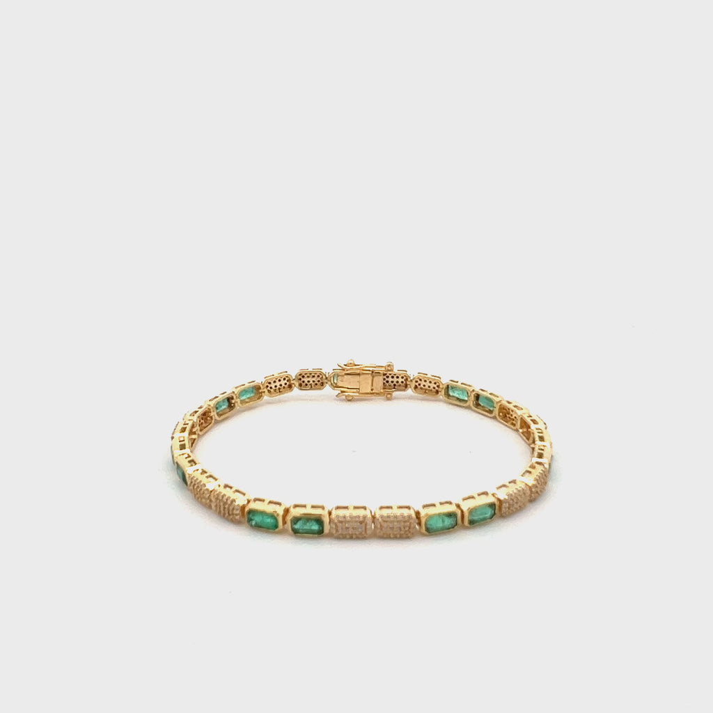 Emerald Cut Emerald & Pave Diamonds Tennis Bracelet (5.50 ct.) Bezel Setting in 14K Gold