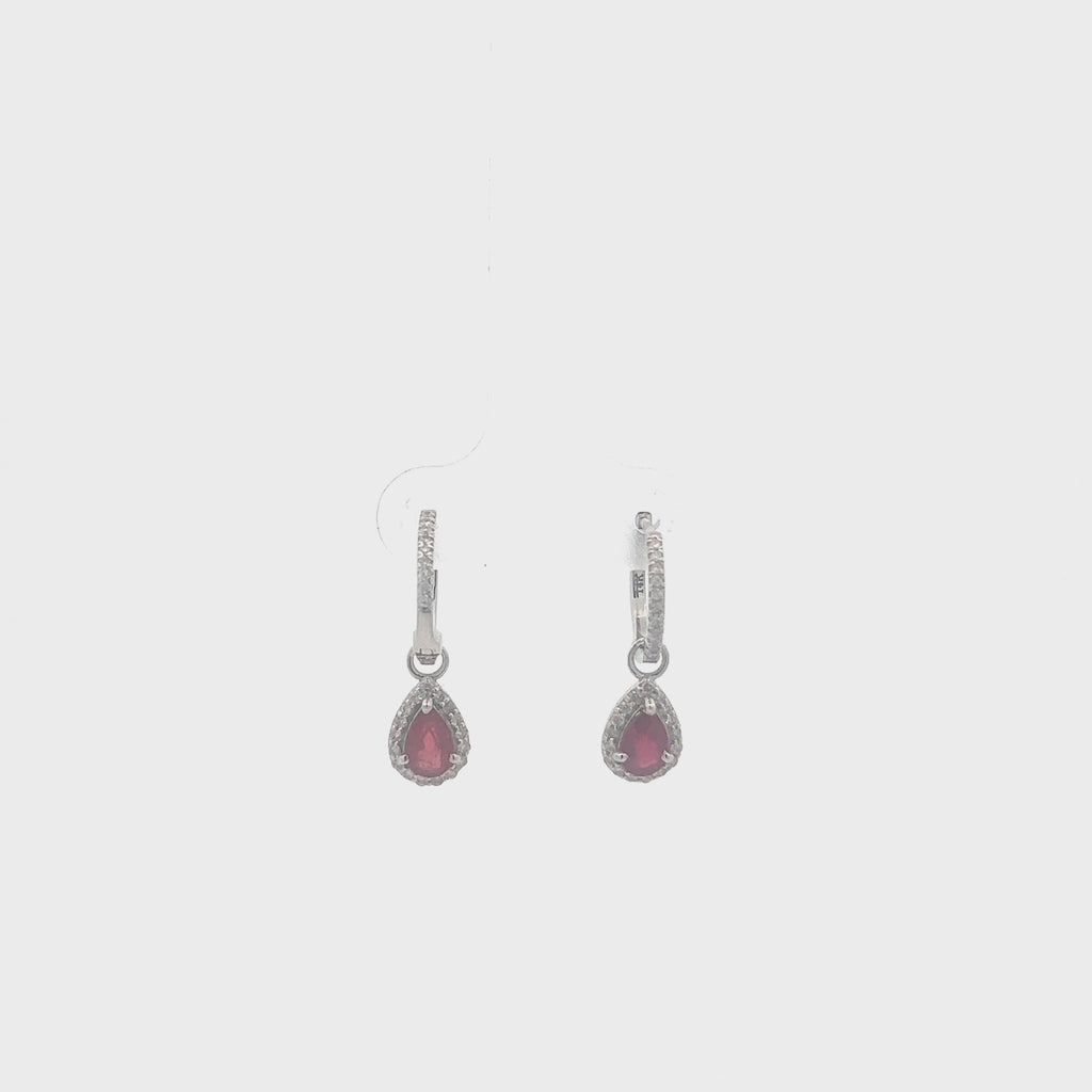 Diamond Hoop & Dangle Red Ruby Pear Shape With Diamond Halo Earrings (1.69 ct.) in 14K Gold