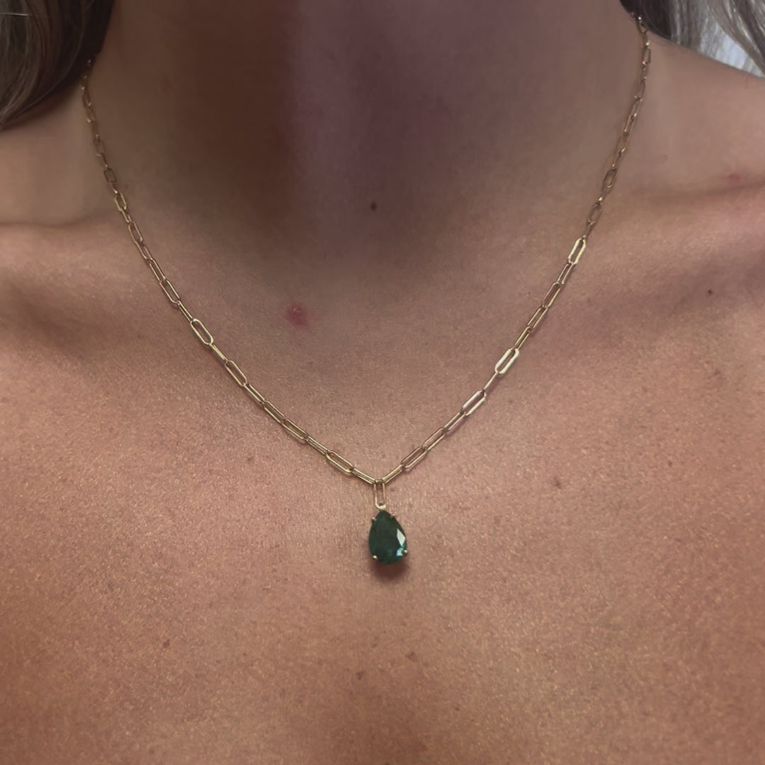 Pear Shape Genuine Emerald Pendant Necklace With Paper Clip Chain in 14K Gold