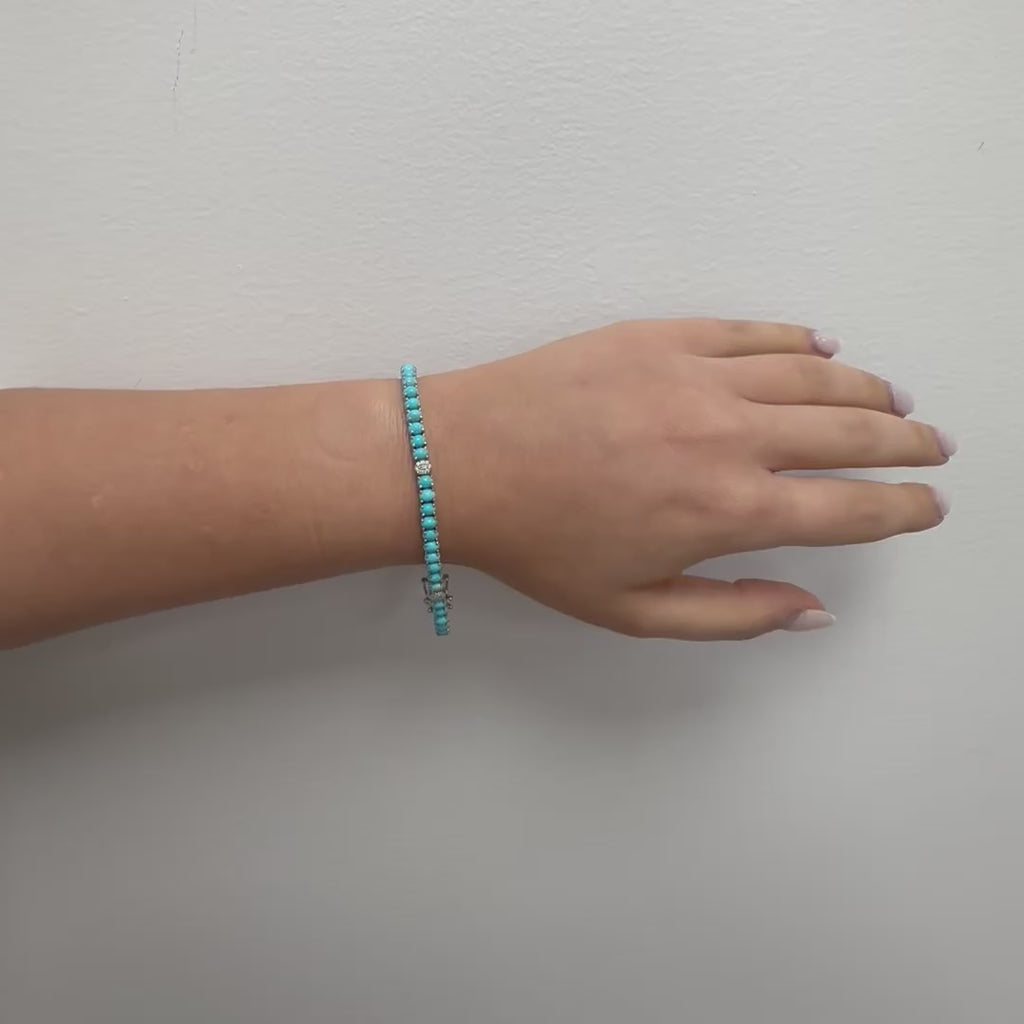 Diamond & Oval Turquoise Tennis Bracelet ( 8.20 ct.) 4-Prongs Setting in 14K Gold