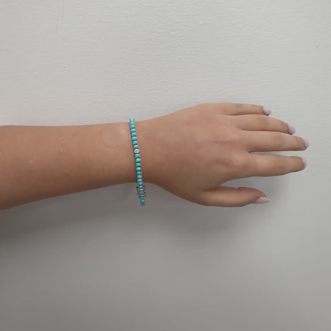 Diamond & Oval Turquoise Tennis Bracelet ( 8.20 ct.) 4-Prongs Setting in 14K Gold