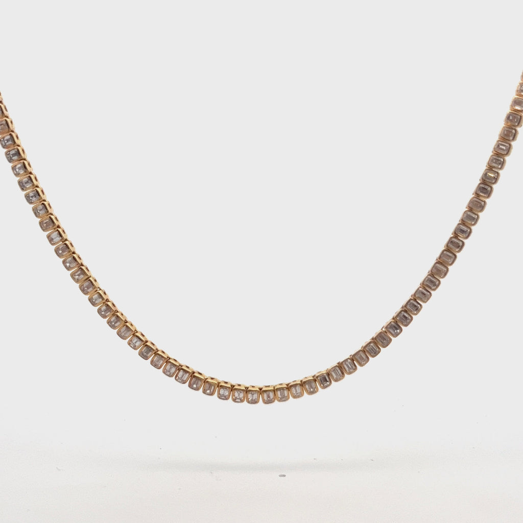 Half Way Emerald Cut Diamond Tennis Necklace & Half Paperclip Chain (4.00 ct.) Bezel Set in 18K Gold