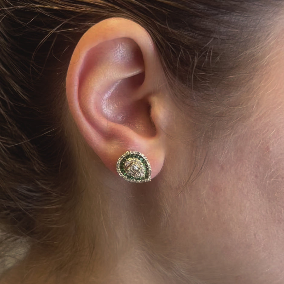 Triple Halo Diamonds & Emeralds Pear Shape Studs Earrings (1.00 ct.)  in 14K Gold