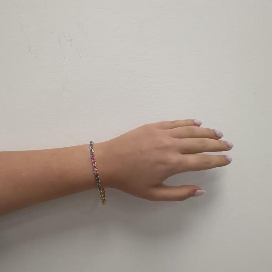 Emerald Cut Rainbow Multi Color Sapphire Tennis Bracelet (10.85 ct.) in 14K Gold