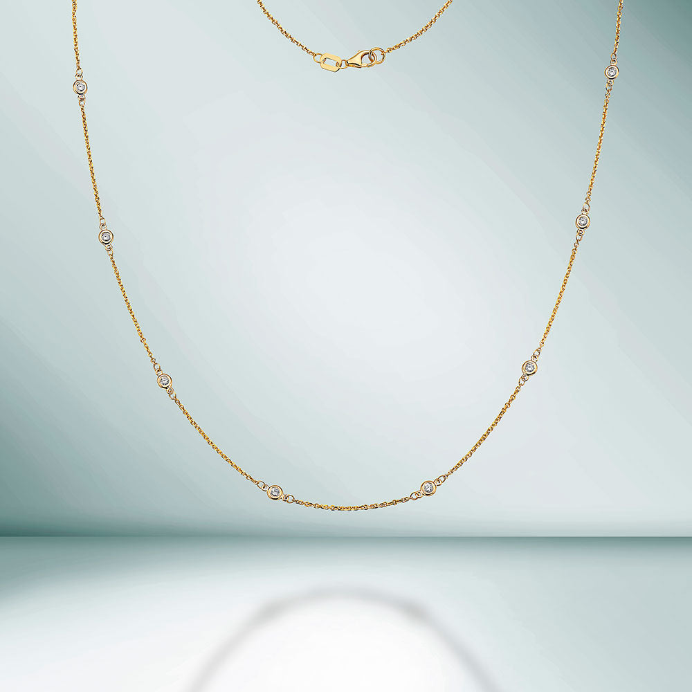 12 Stone Round Brilliant Cut Natural Diamond By The Yard Necklace, Bezel Set Diamond Station Necklace in 14K Gold Chain