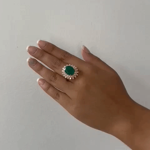 Oval Cut Genuine Emerald & Diamond Double Halo Engagement Ring (8.90 ct.) in 14K Gold