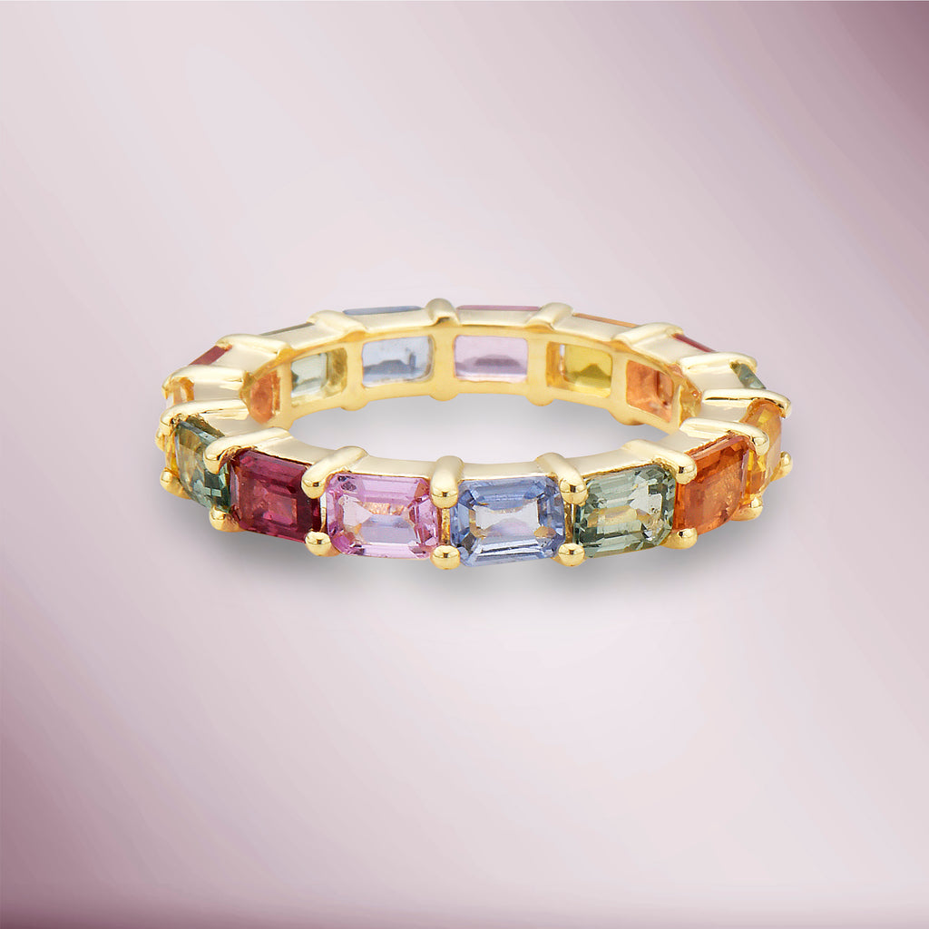 Emerald Cut Genuine Multicolored Sapphire Eternity Band (3.80 ct. t.w.) in 14K Gold