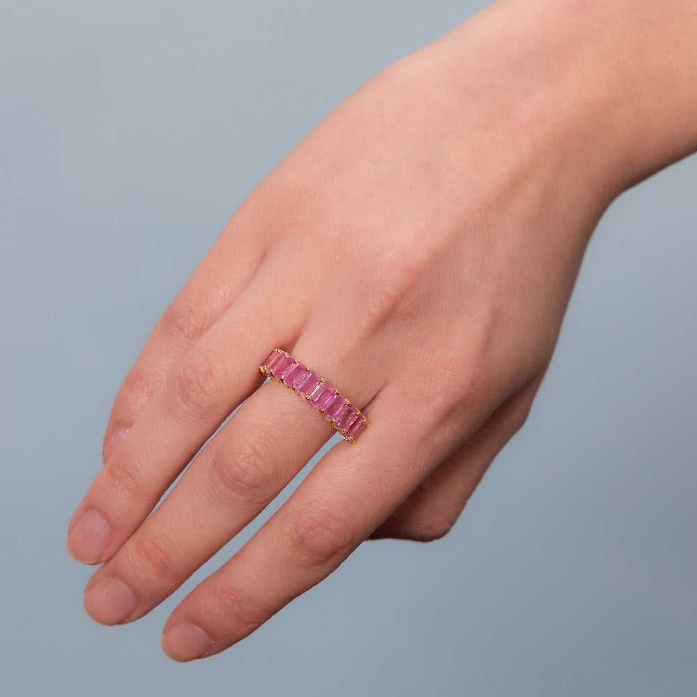 Emerald Cut Pink Sapphire HalfWay Eternity Band Ring (4.50 ct.) in 14K Gold