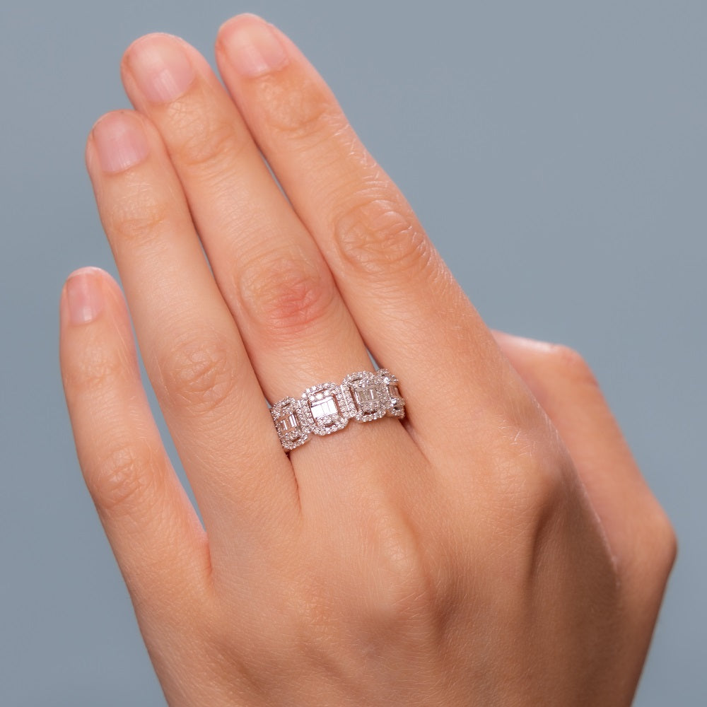 Baguette & Round Diamond Halo Eternity Wedding Band (1.85 ct.) in 14K Gold