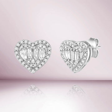 Diamond Double Halo Baguette Heart Shape Studs Earrings (0.75 ct.) in 14K Gold