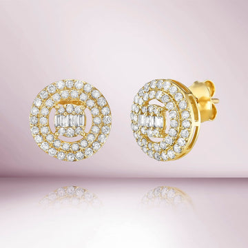 Diamond Double Halo & Baguette Round Shape Studs Earrings (0.95 ct.) in 14K Gold